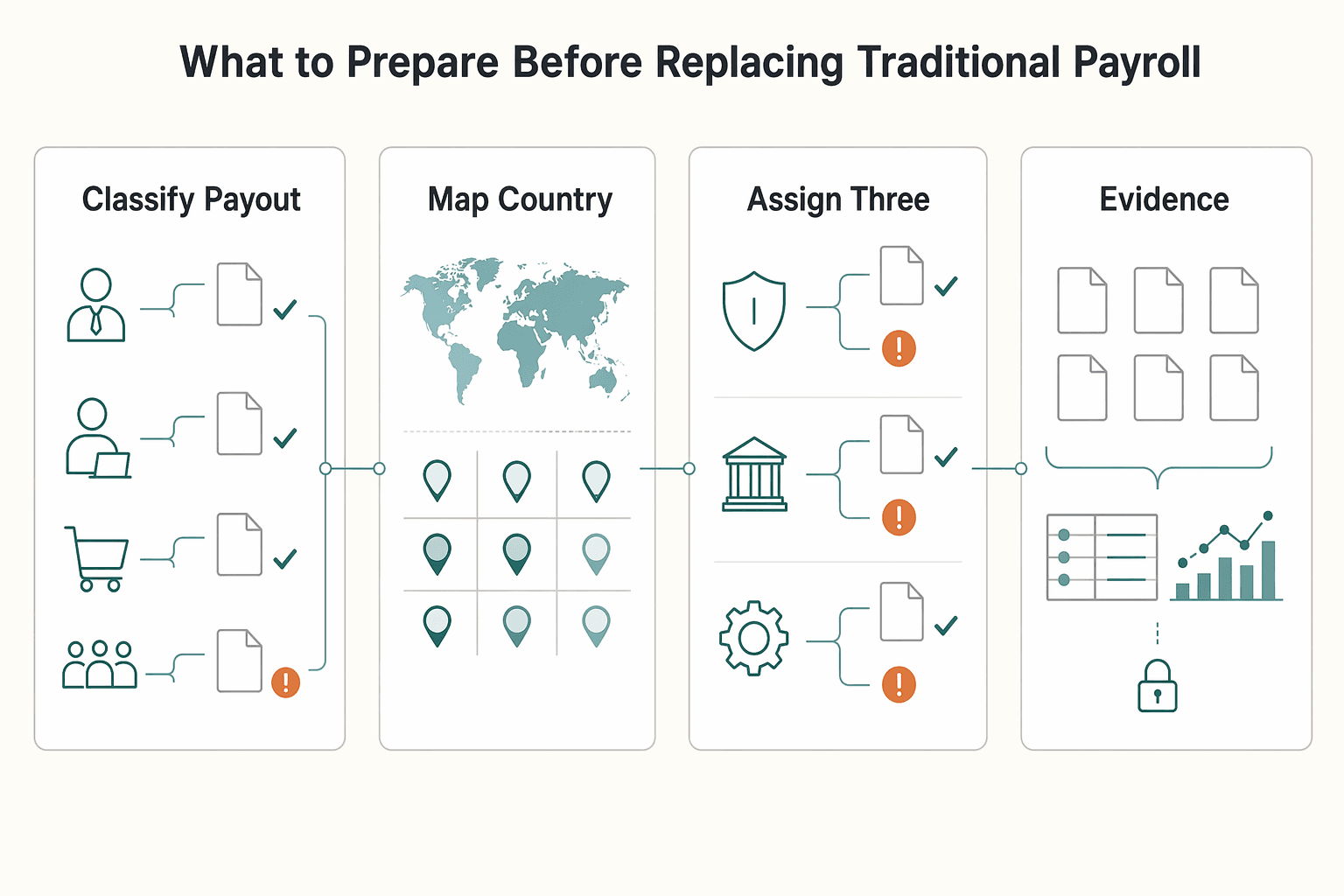 Diagram showing What to prepare before replacing traditional payroll for Build a Global Payroll Alternative with a Payout Platform.