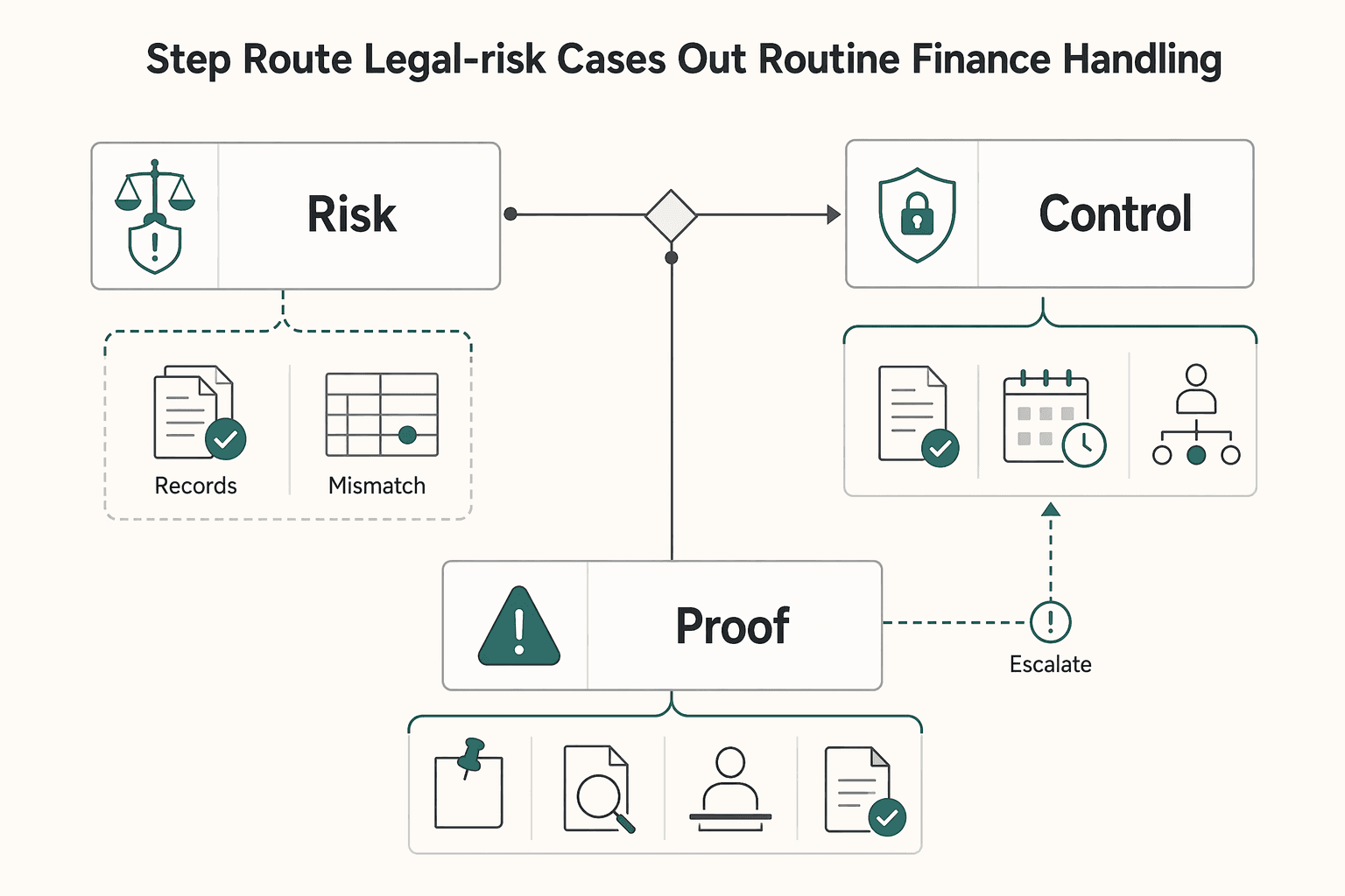 Diagram showing Step 2 Route legal-risk cases out of routine finance handling for Back Pay and Retroactive Payments for Contractor Payouts.