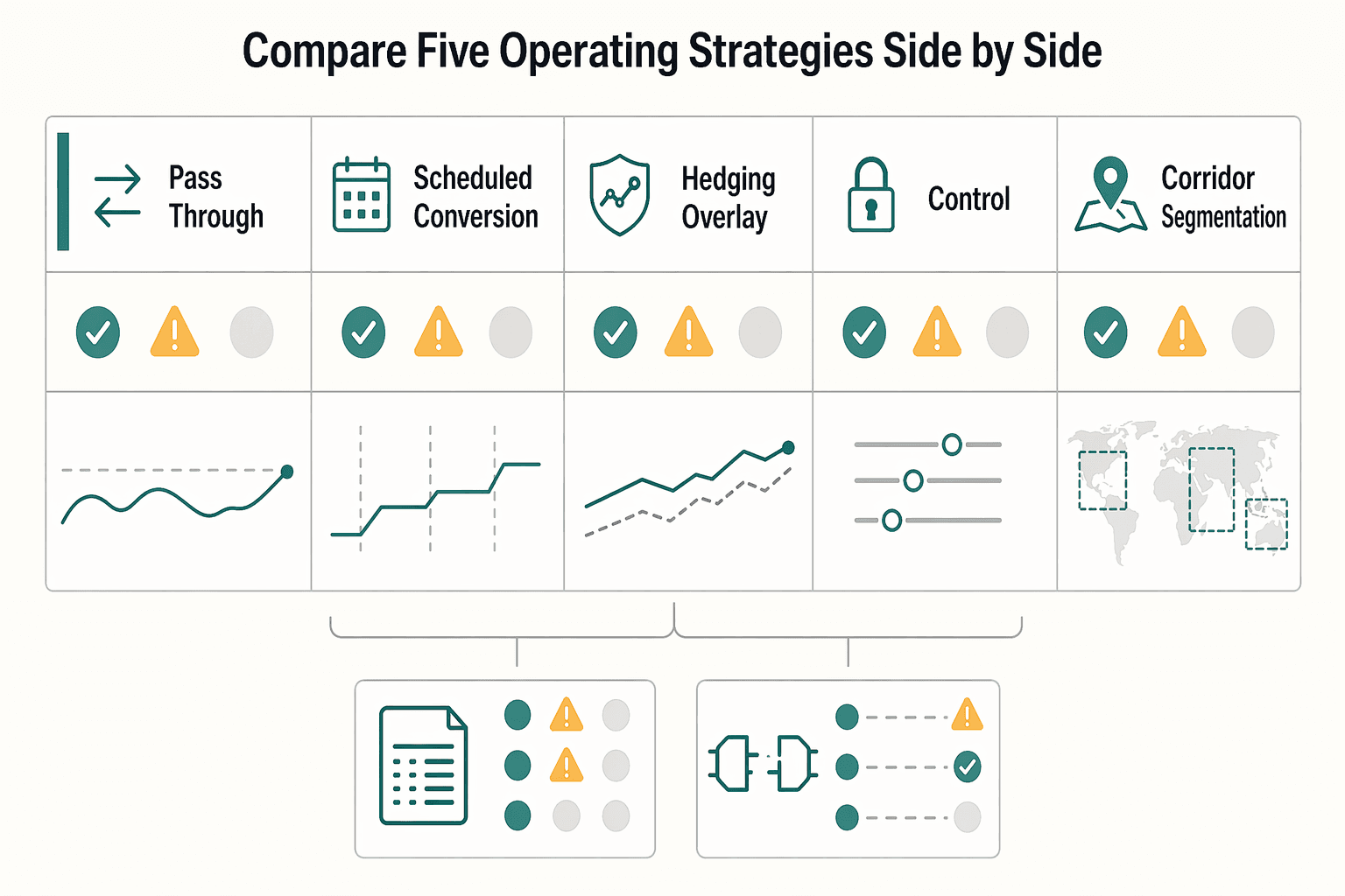 Diagram showing Compare five operating strategies side by side for When a Currency Peg Breaks and Your Platform Still Has to Pay.