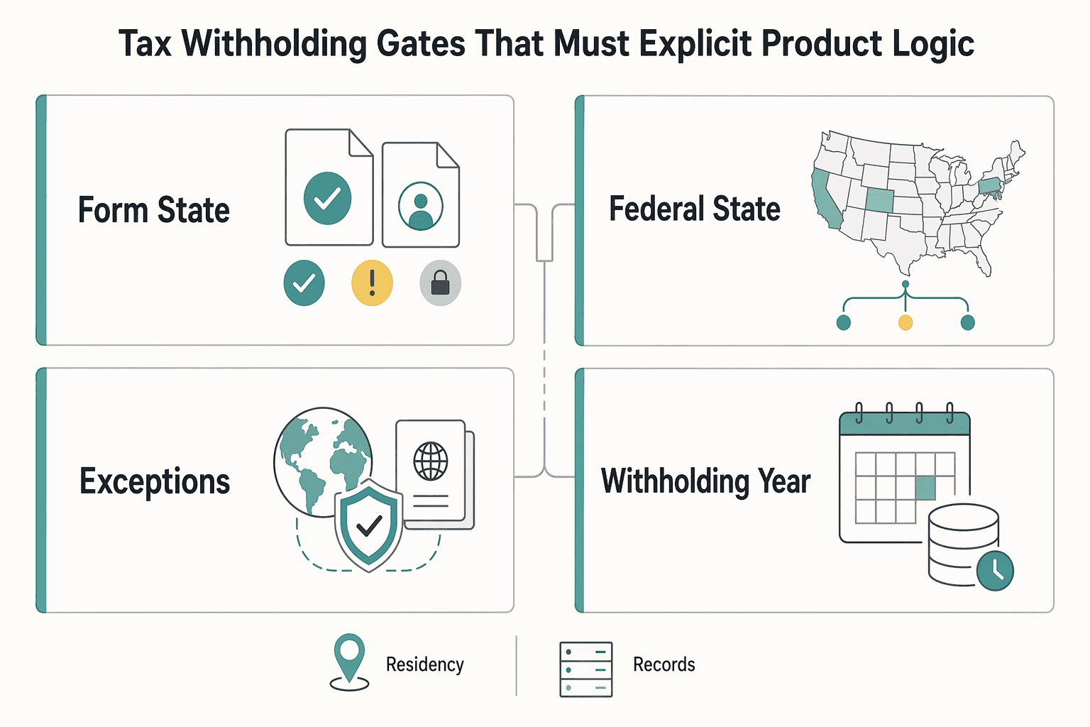 Diagram showing Tax and withholding gates that must be explicit in product logic for Choosing a Gross-to-Net Payout Model for Platform Disbursements.