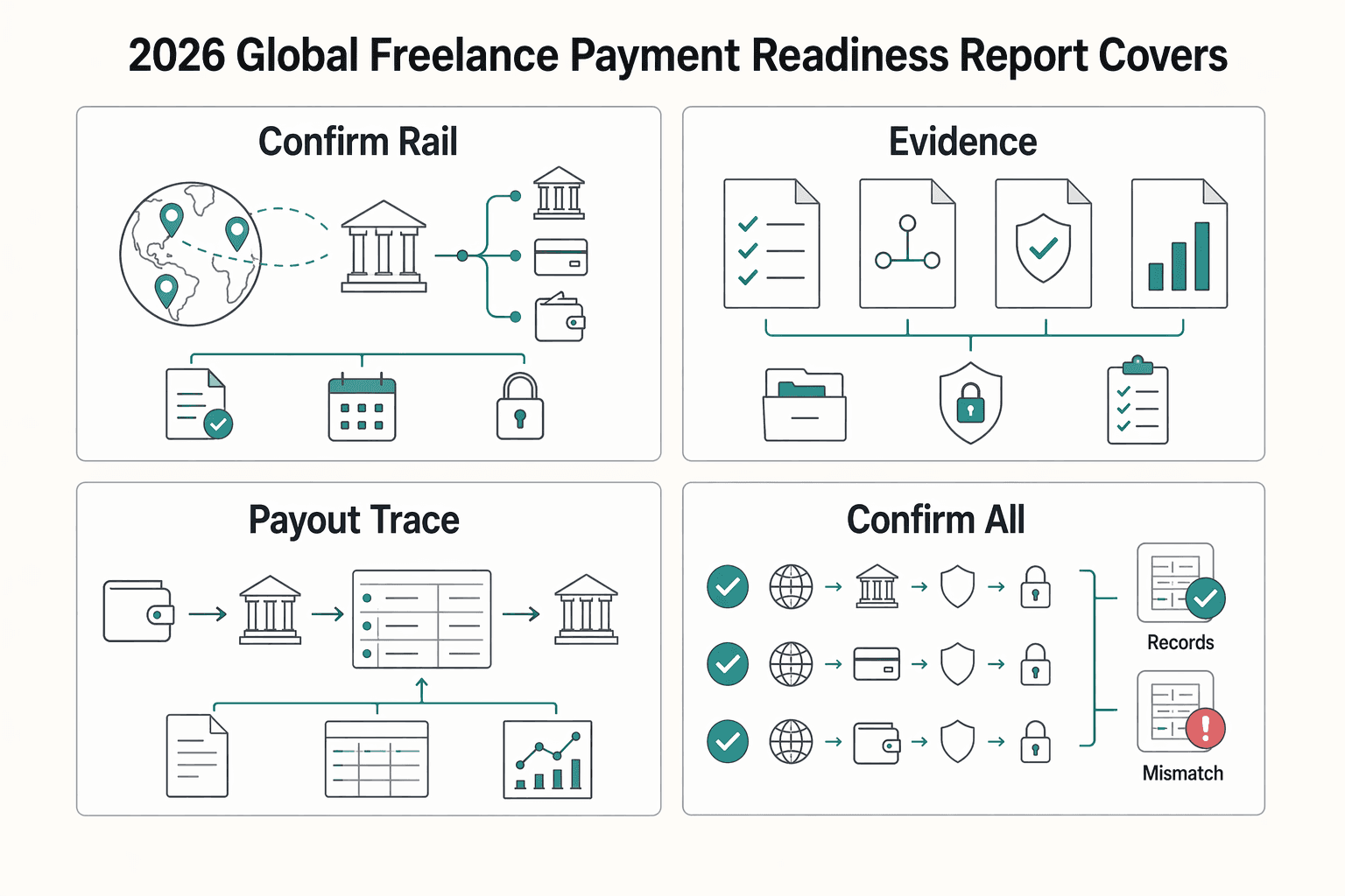 Diagram showing What This 2026 Global Freelance Payment Readiness Report Covers for Global Freelance Payment Readiness Report 2026 Across 50 Countries.