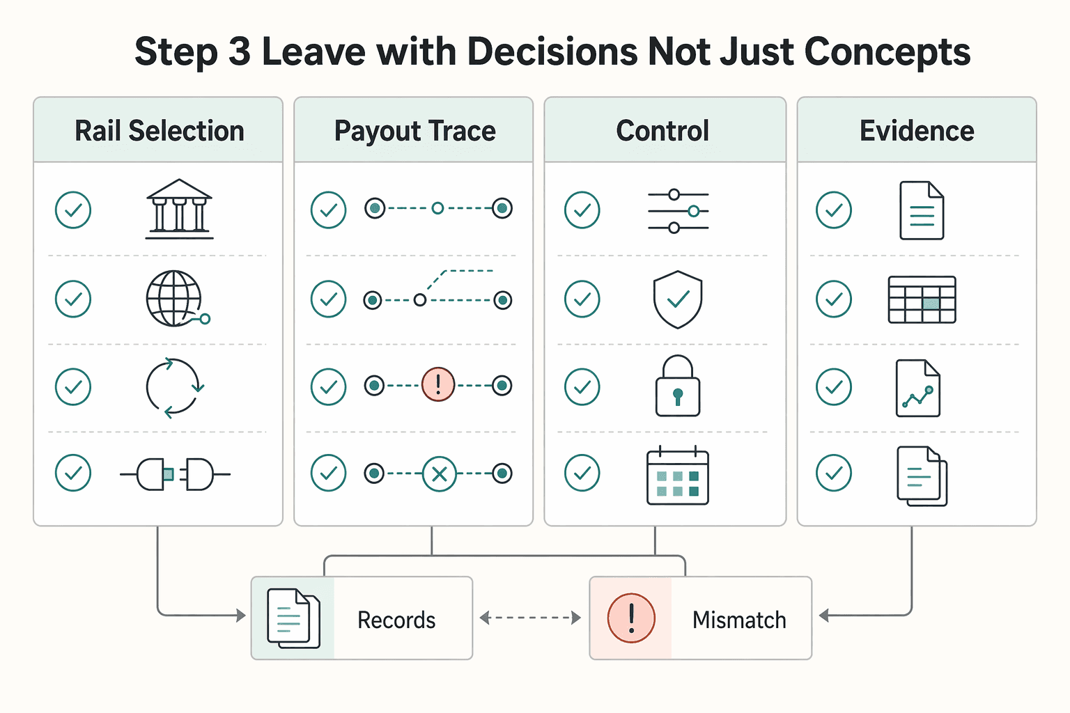 Diagram showing Step 3 Leave with decisions, not just concepts for Platform-to-Platform Payments: How to Build B2B Settlement Between Two Marketplace Operators.