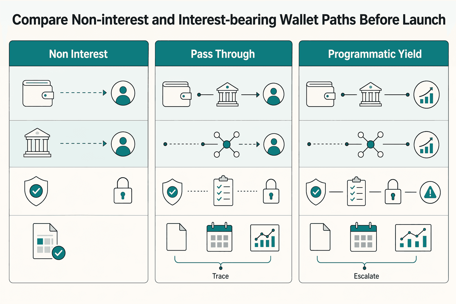 Diagram showing Compare non-interest and interest-bearing wallet paths before launch for Platform Wallet Compliance: Float Rules Interest Bearing Accounts and State Regulations.