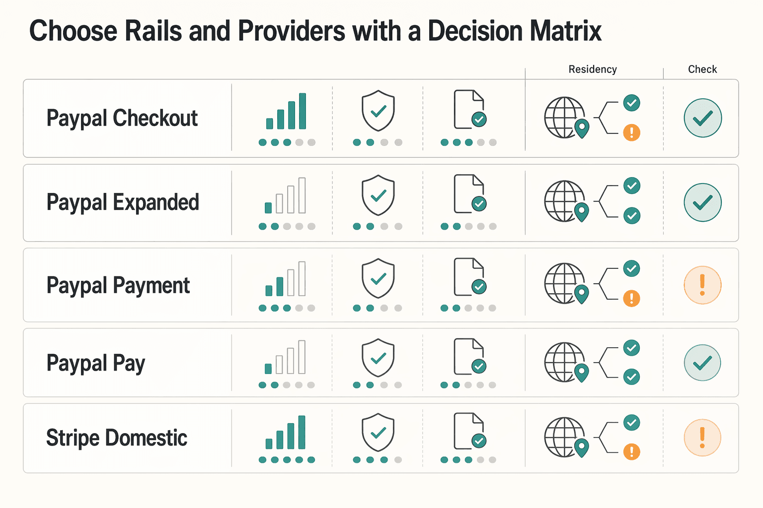Diagram showing Choose rails and providers with a decision matrix for Marketplace Payment Flow Design from Buyer to Seller.