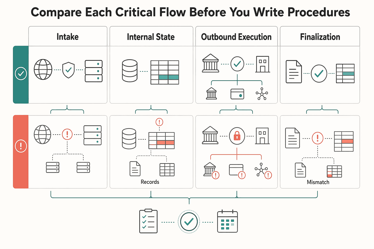 Diagram showing Compare each critical flow before you write procedures for How to Write a Business Continuity Plan for a Payment Platform.