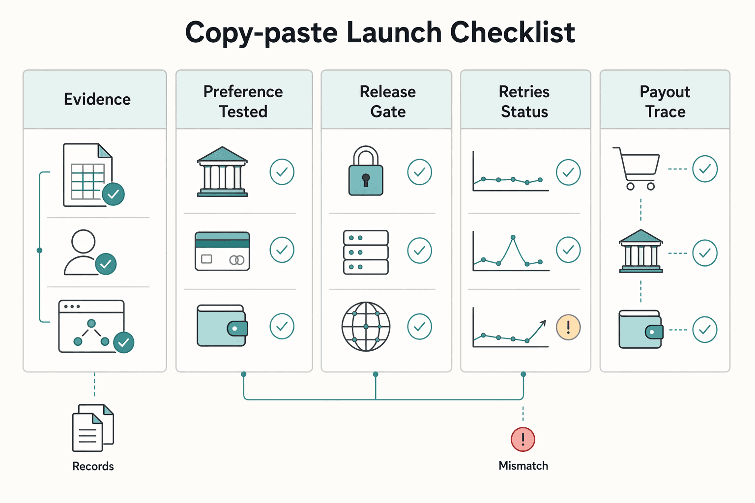 Diagram showing Copy-paste launch checklist for Contractor Payout Preferences: Build a Multi-Method UI.