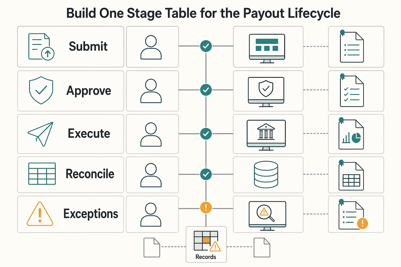 Diagram showing Build one stage table for the payout lifecycle for WCAG 2.1 Accessibility for Payment Platform Payout Flows.