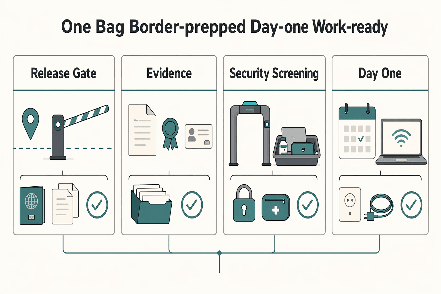 Diagram showing Pack light like a relocating remote pro: one bag, border-prepped, day-one work-ready for How to Pack Light for Long-Term Travel Without Work Disruptions.