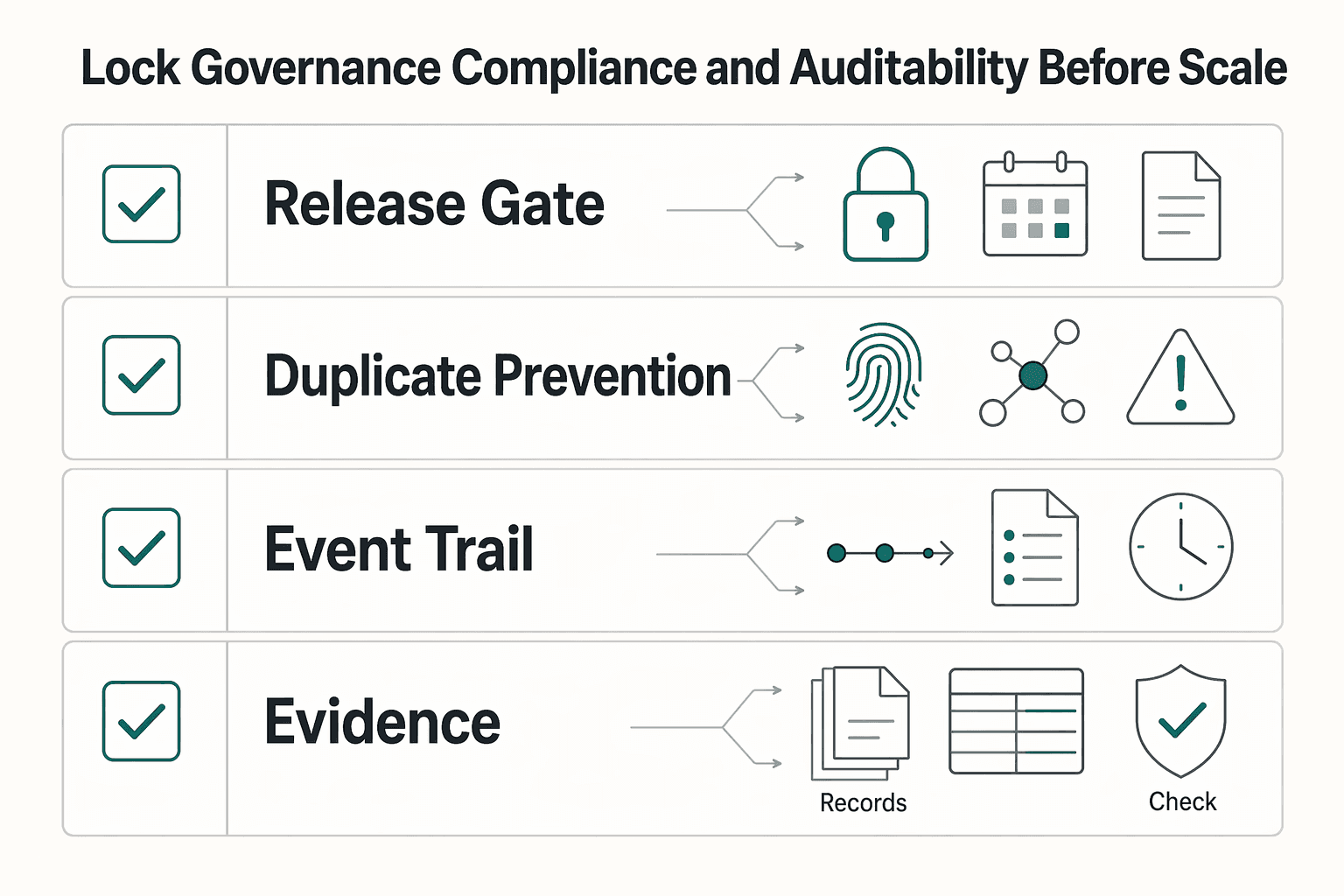 Diagram showing Lock governance, compliance, and auditability before scale for Batch Payout File Formats for NACHA ACH, ISO 20022 PAIN, and SEPA Credit Transfer.