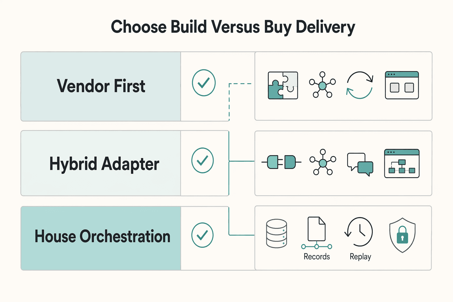 Diagram showing Choose what to build versus what to buy for delivery for How to Build a Payment Notification System: Email SMS and In-App Alerts for Contractor Events.