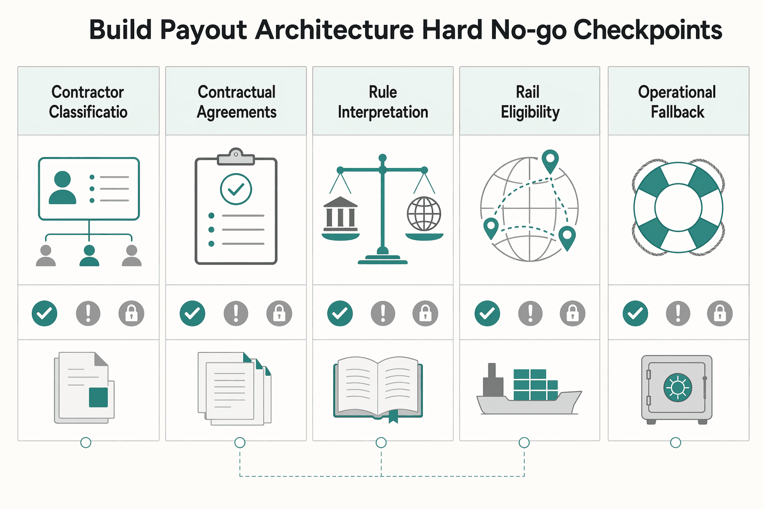 Diagram showing Build your payout architecture with hard go or no-go checkpoints for Paying Contractors in Sri Lanka with CBSL and LankaPay Decision Checks.