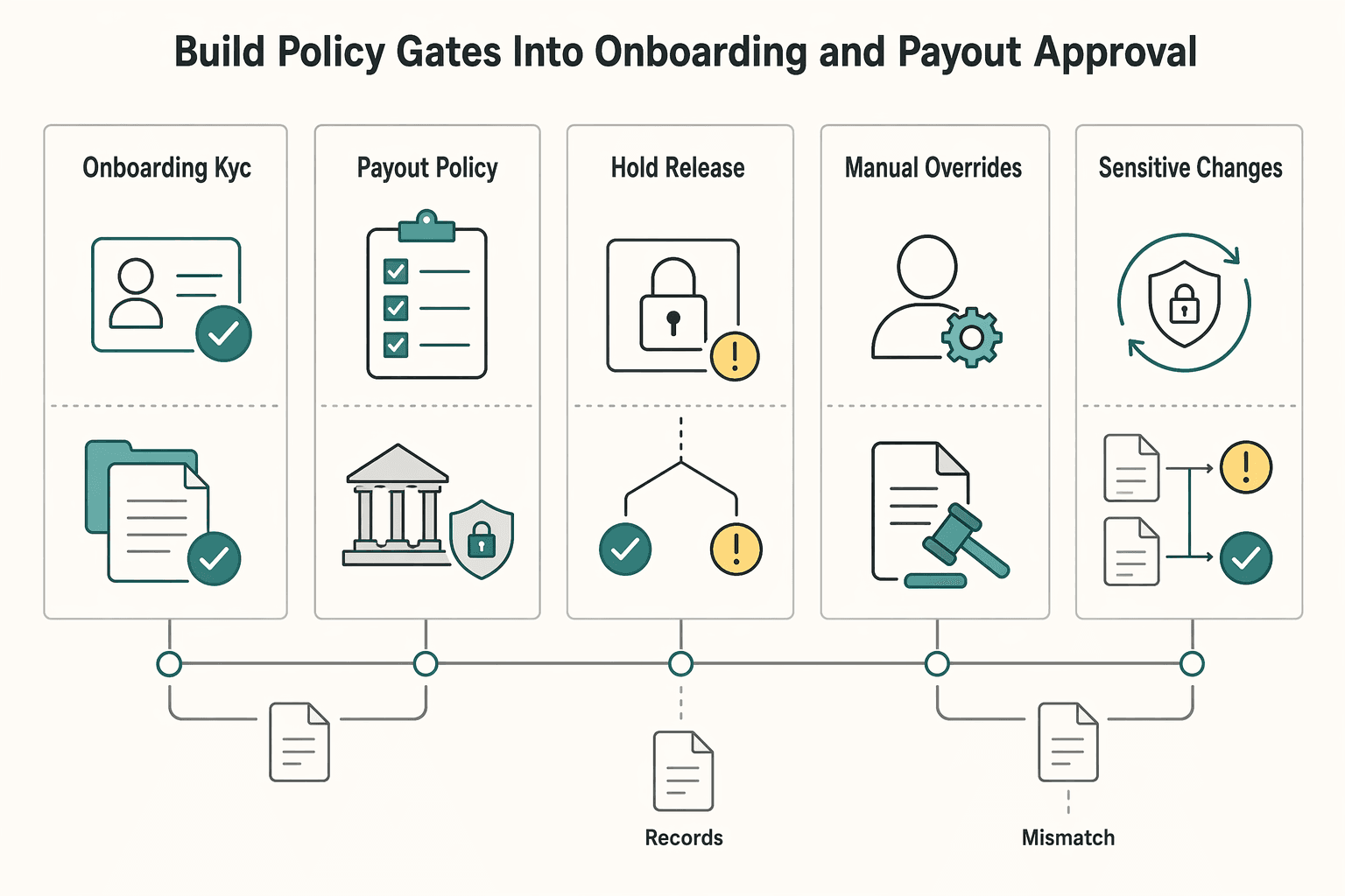 Diagram showing Build policy gates into onboarding and payout approval for Paying Contractors in Senegal Under BCEAO Rules With Wave in Scope.