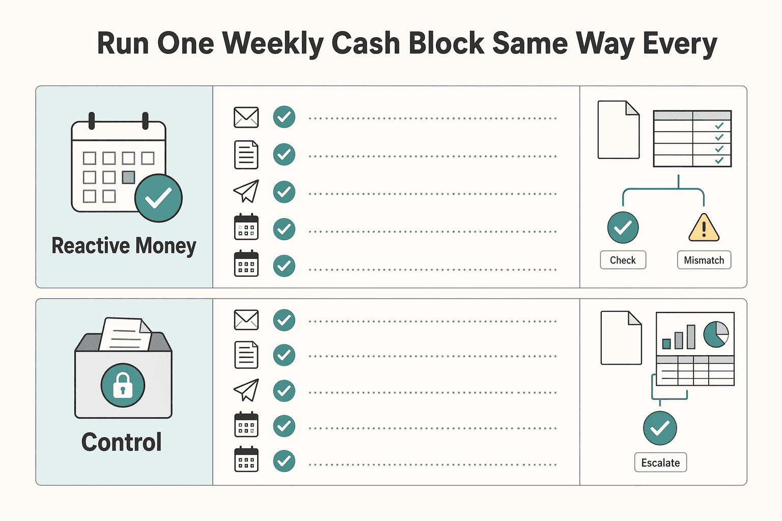 Diagram showing Run one weekly cash block the same way every time for Freelance Work-Life Balance That Holds Up in Real Weeks.