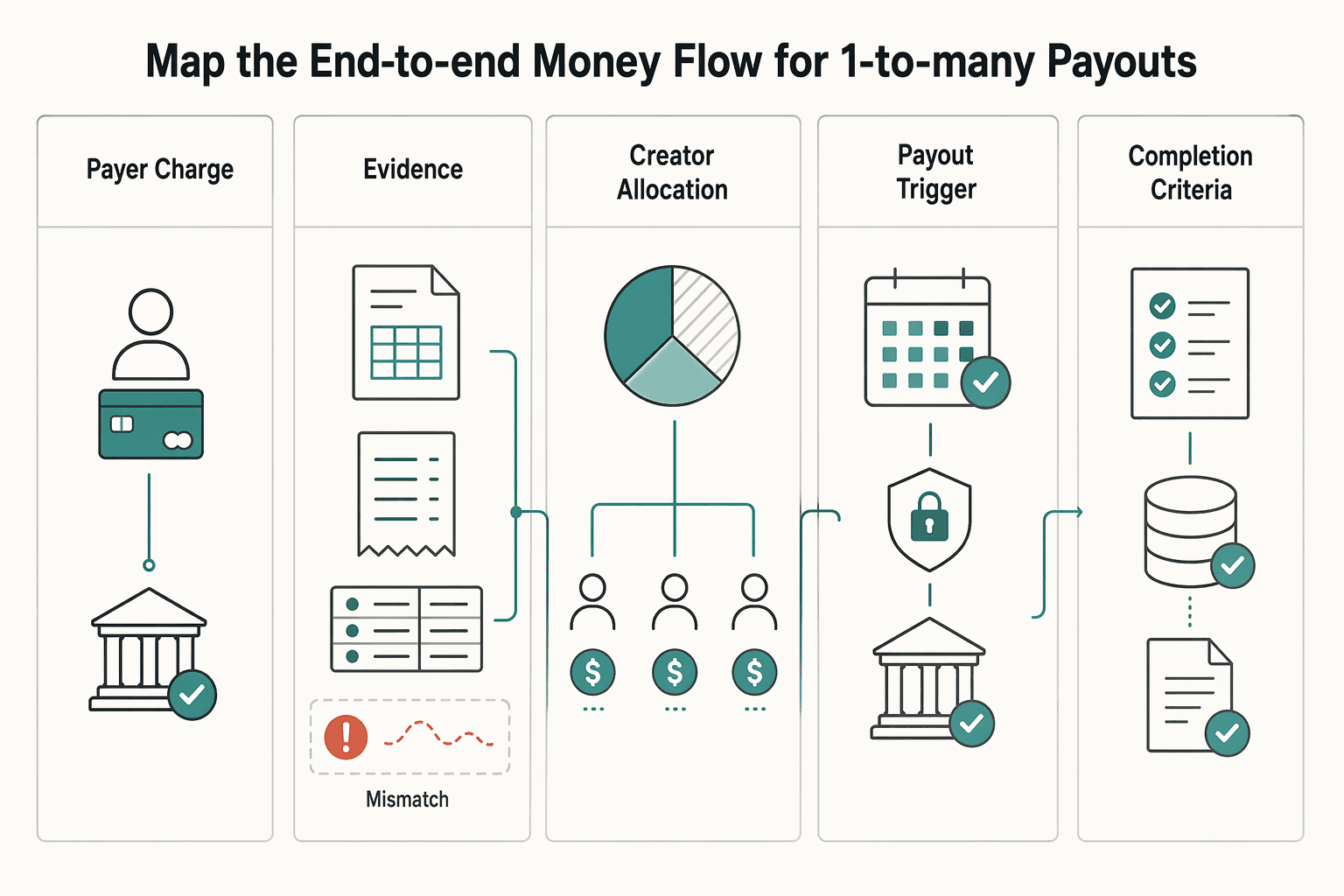 Diagram showing Map the end-to-end money flow for 1-to-many payouts for Building a Creator-Economy Platform with 1-to-Many Payment Architecture.
