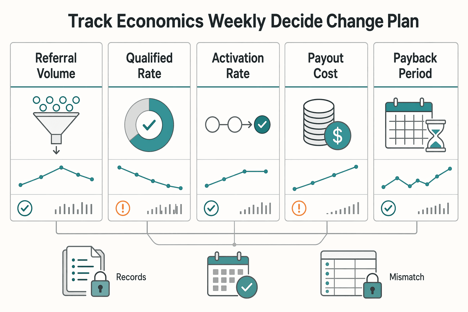 Diagram showing Track economics weekly and decide when to change the plan for How to Build a Contractor Referral Program Paying Existing Contractors to Recruit.
