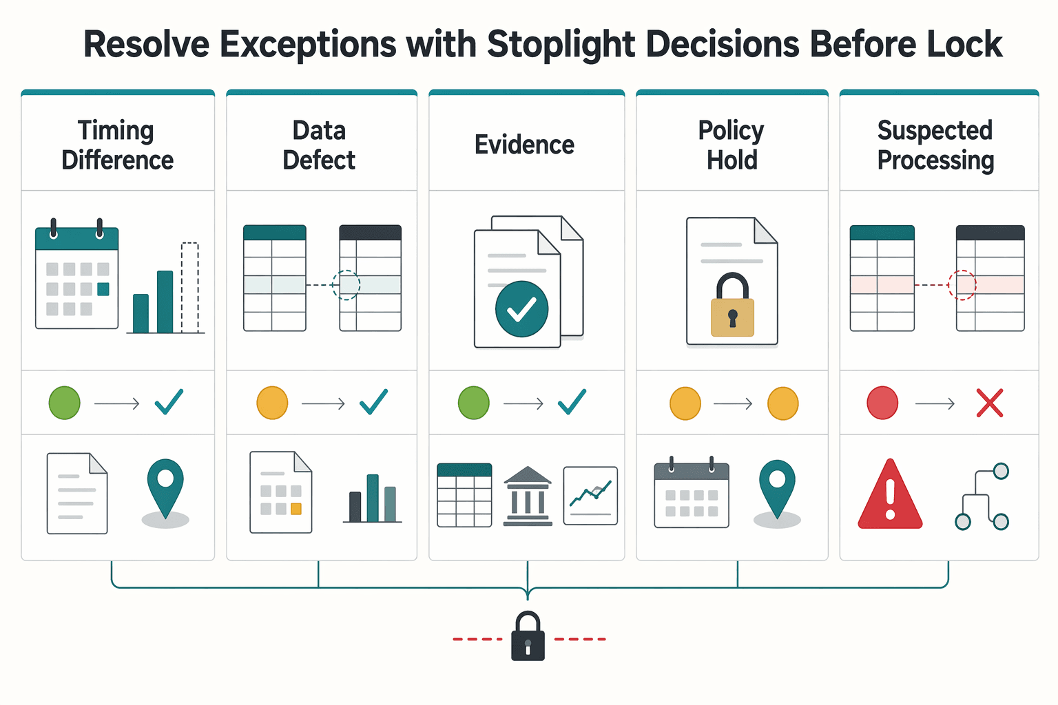 Diagram showing Resolve exceptions with stoplight decisions before lock for Month-End Close Checklist for Payment Platform Finance Teams.
