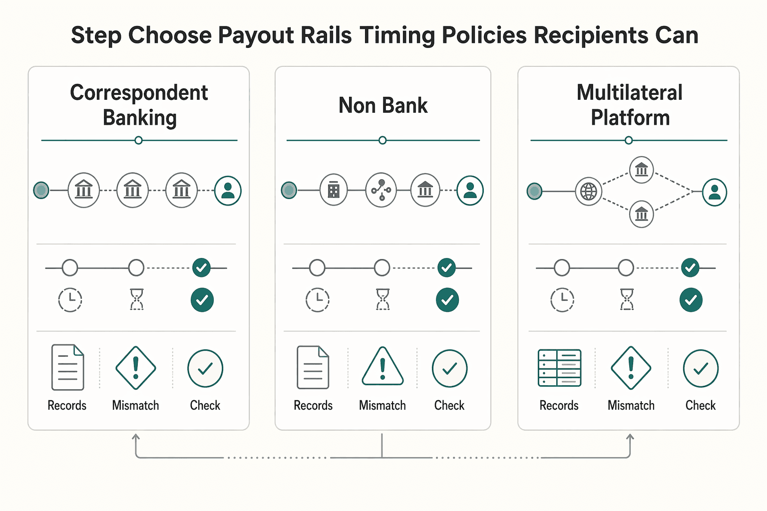 Diagram showing Step 4 choose payout rails and timing policies recipients can trust for How to Handle Multi-Party Payments: Splitting a Single Transaction Across Multiple Reci....