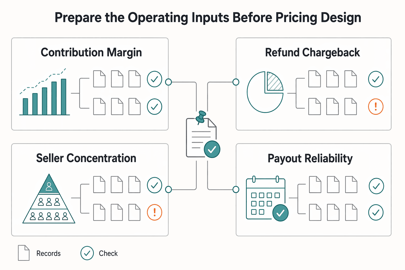 Diagram showing Prepare the operating inputs before pricing design for Building Tiered Commission Structures for Marketplace Performance-Based Fees.