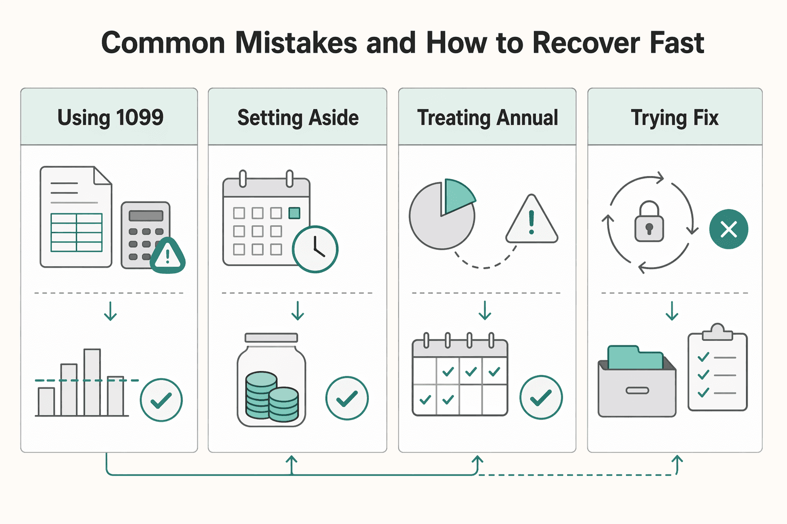 Diagram showing Common mistakes and how to recover fast for How Much Should a Freelancer Save for Taxes? A Monthly Reserve Rule and Quarterly True-Ups.