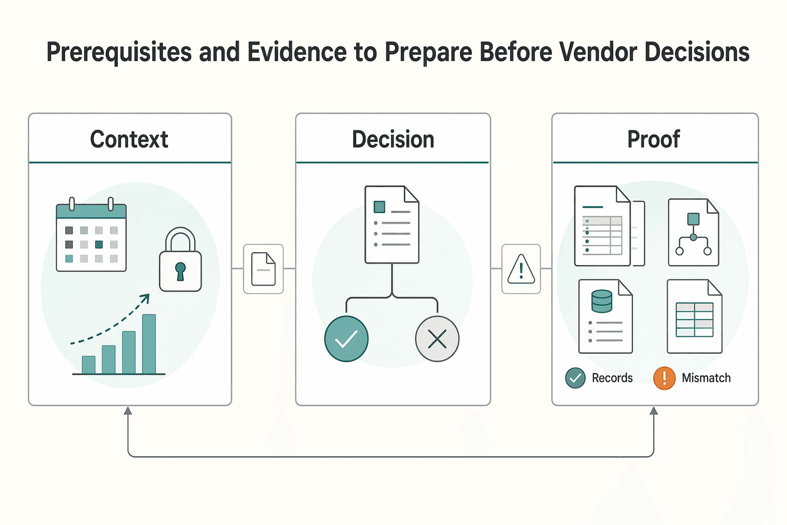 Diagram showing Prerequisites and evidence to prepare before vendor decisions for Maintaining Optionality in Payment Platforms as Vendor Lock-In Risk Grows.