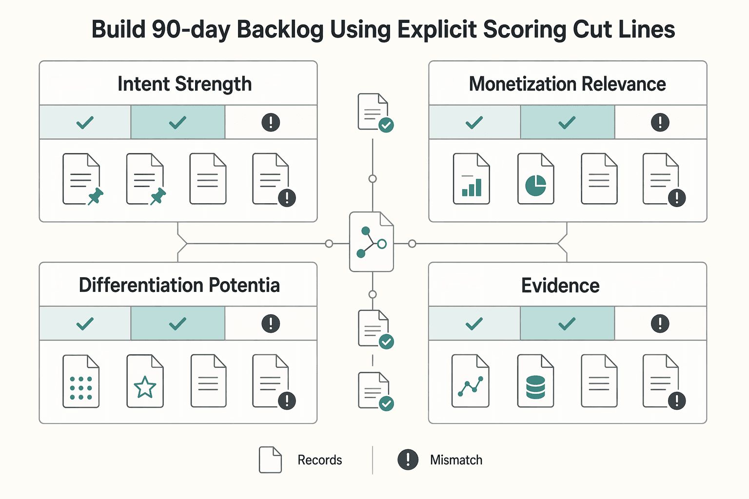 Diagram showing Build a 90-day backlog using explicit scoring and cut lines for Ranking High-Intent B2B Payment Keywords for Platform SEO.