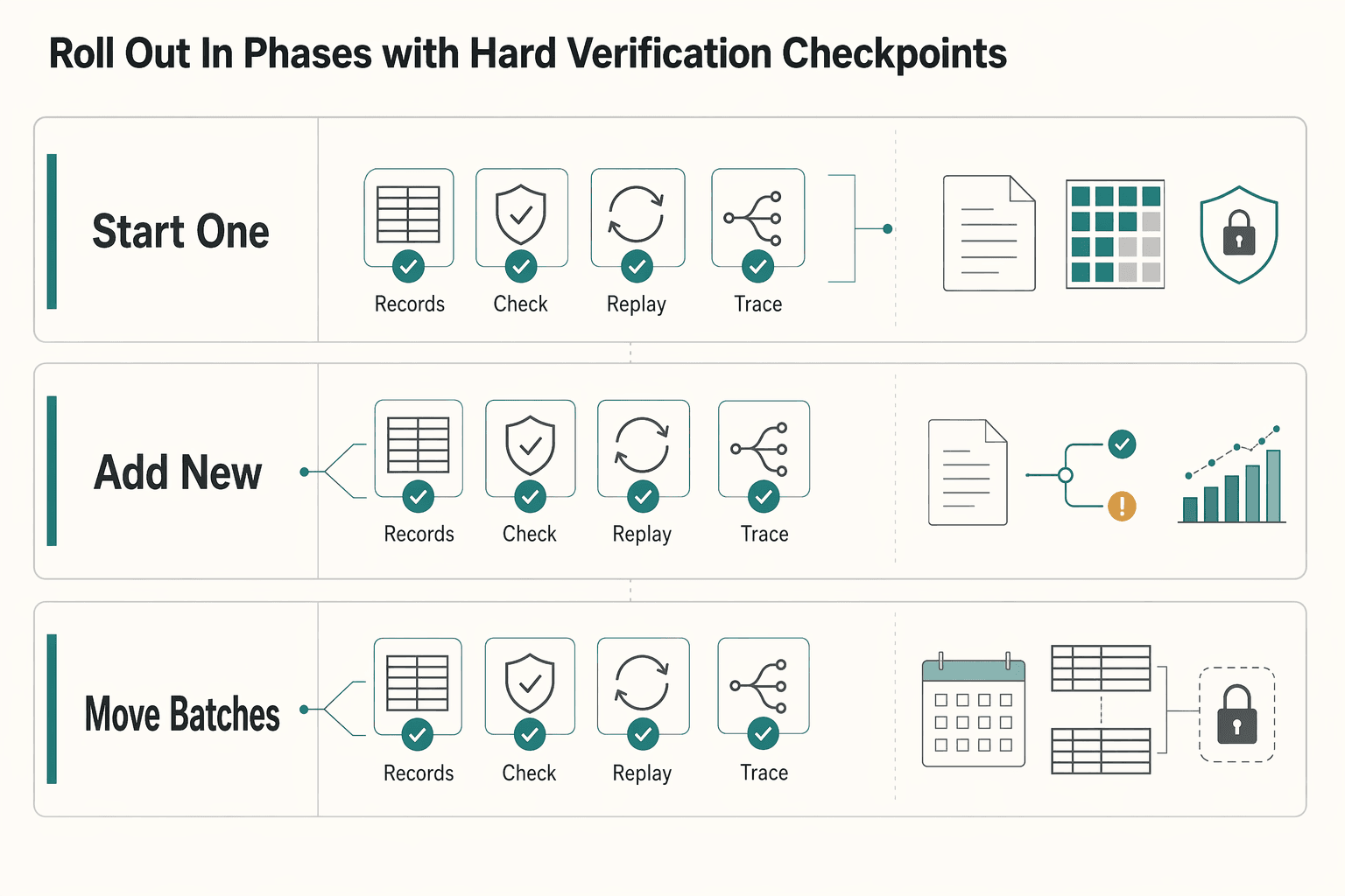 Diagram showing Roll out in phases with hard verification checkpoints for Programmable Payments: Conditions, Triggers, and Smart Contracts.