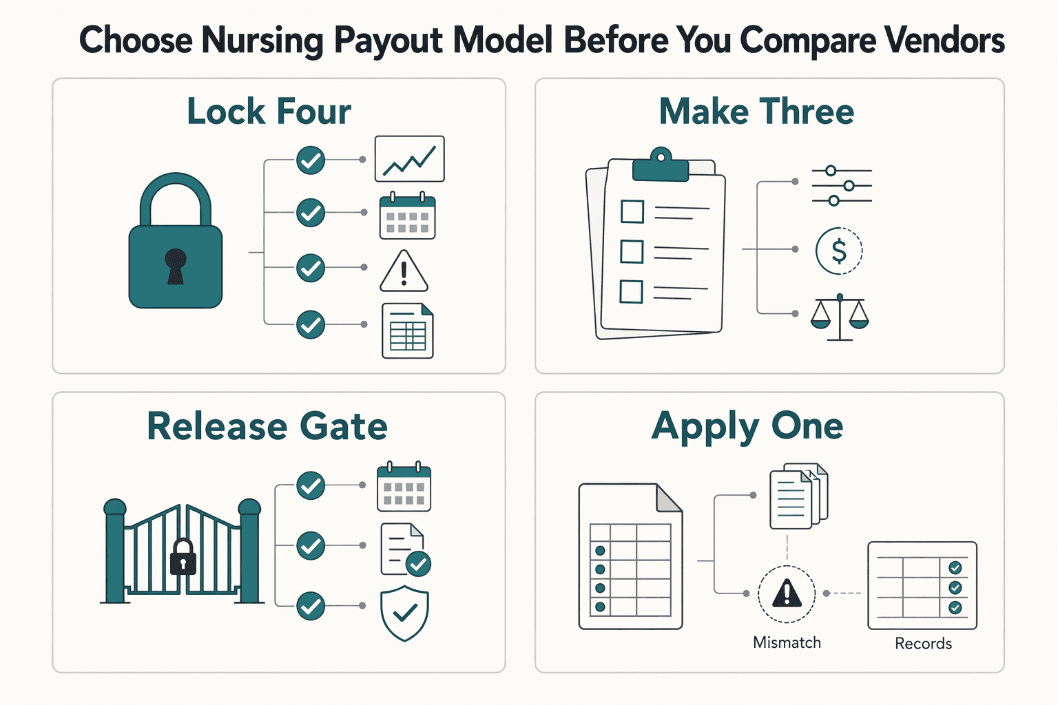Diagram showing How to choose a nursing payout model before you compare vendors for Choosing Nursing Agency Payout Models for Shift-Based Healthcare Staffing.