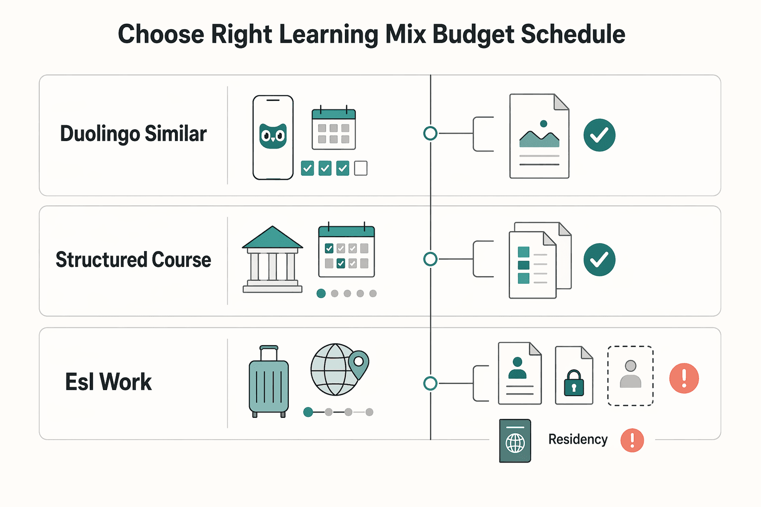 Diagram showing Choose the Right Learning Mix for Your Budget and Schedule for How to Learn a New Language as a Digital Nomad.