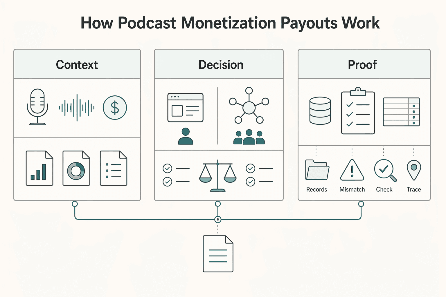 Diagram showing How podcast monetization payouts work for How Podcast Monetization Platforms Pay Hosts, Advertisers, and Network Partners.