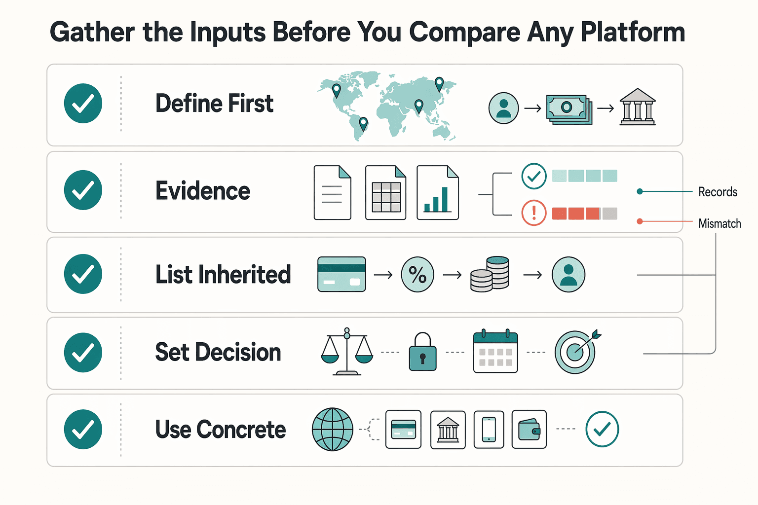 Diagram showing Gather the inputs before you compare any platform for Comparing Live Streaming Monetization: Tips, Subscriptions, Pay-Per-View, and Creator Payouts.