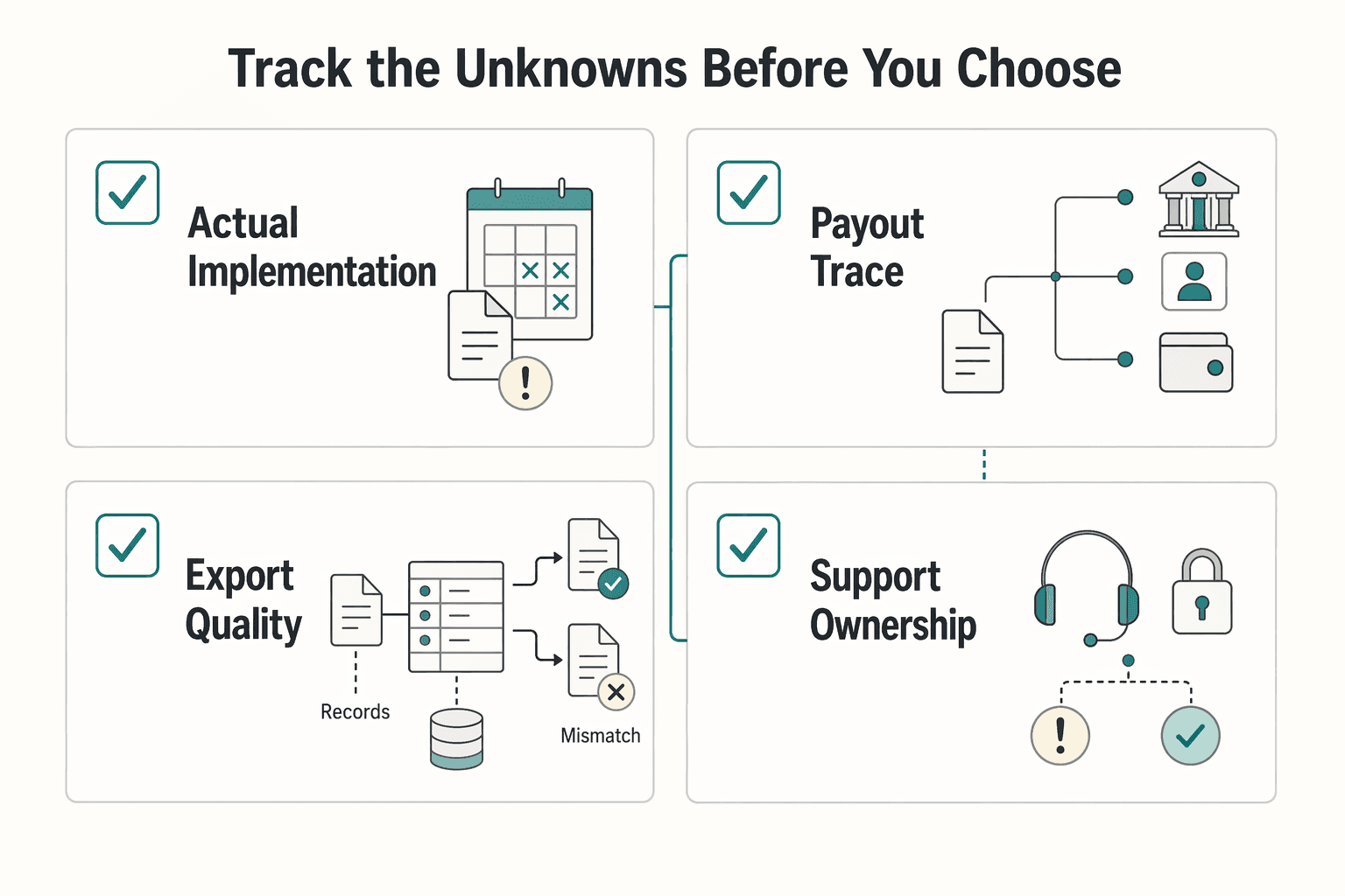 Diagram showing Track the unknowns before you choose for Mental Health Platform Payments: How to Pay Therapists and Counselors in Compliance with HIPAA.