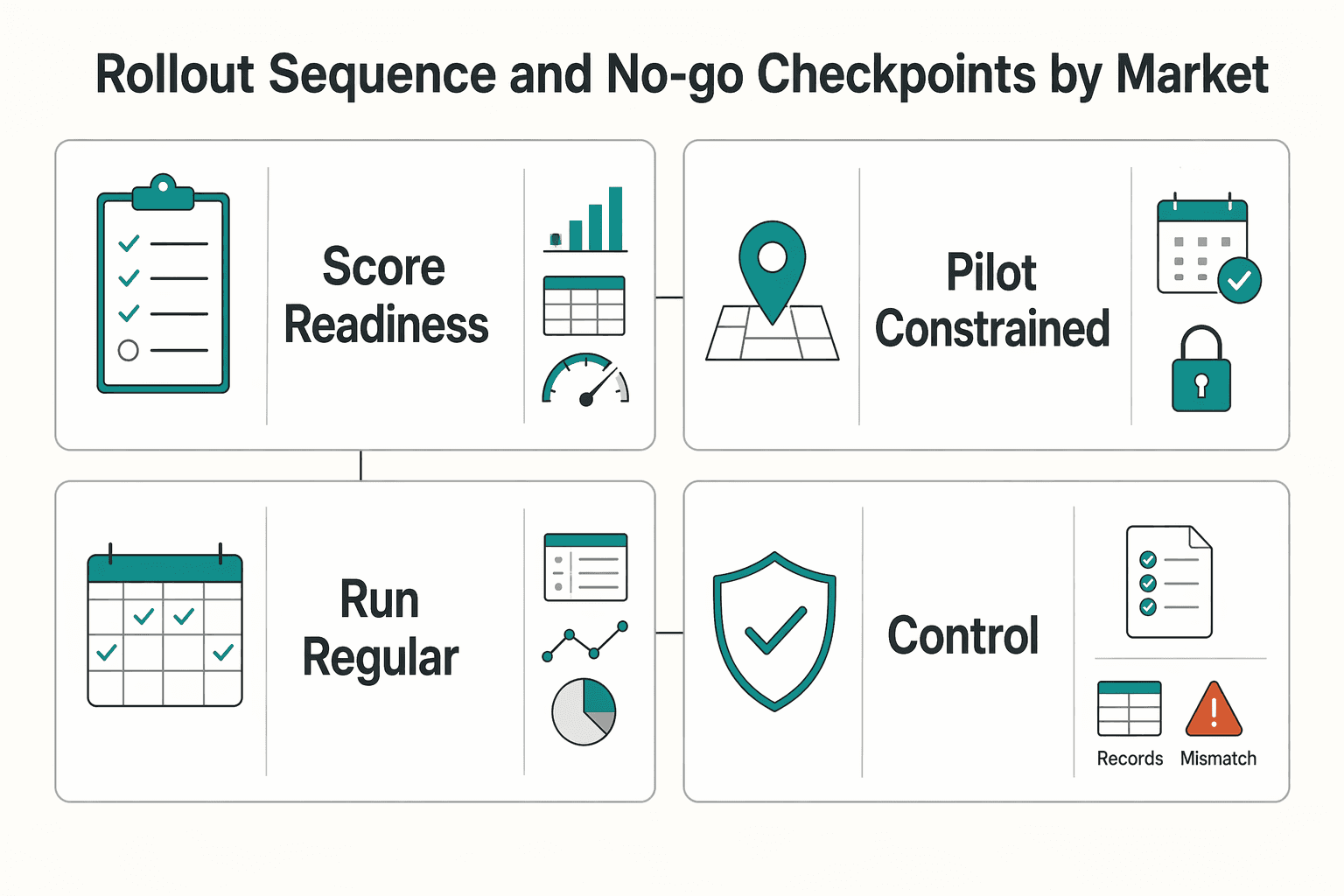 Diagram showing Rollout sequence and no-go checkpoints by market for Choosing 2026 Disbursement Models for Contractor and Vendor Payments.