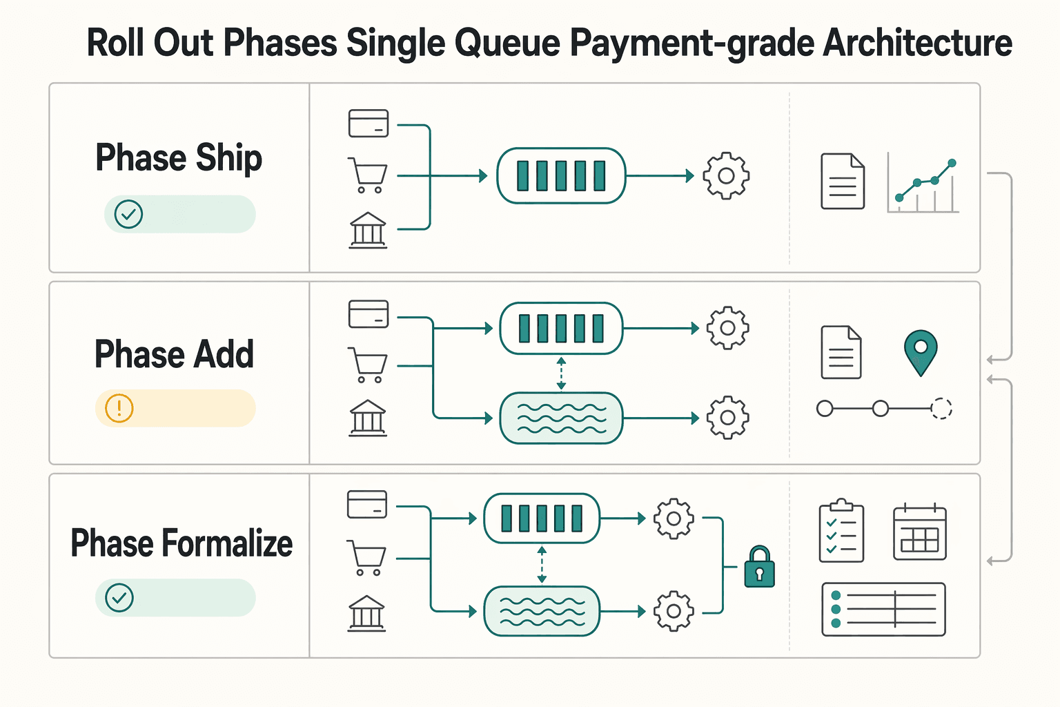 Diagram showing Roll out in phases from single queue to payment-grade architecture for Kafka vs RabbitMQ vs SQS for Payment Platform Message Architecture.
