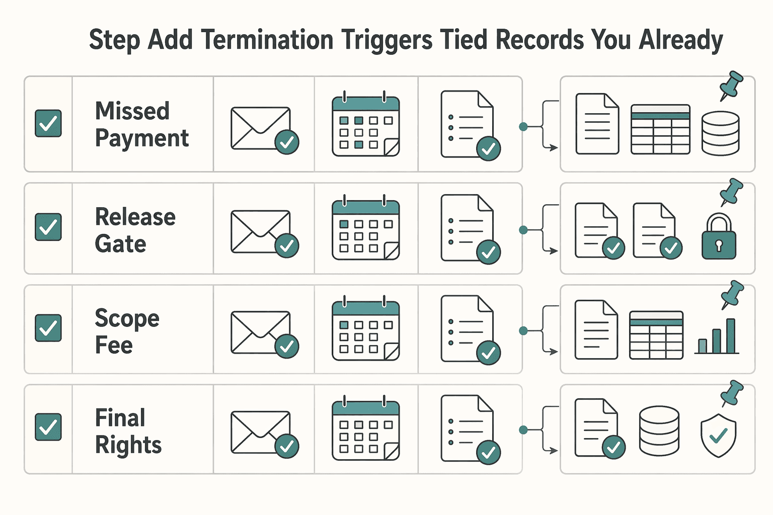Diagram showing Step 1 Add termination triggers tied to records you already keep for How to Handle Revisions and Feedback Without Losing Profit.