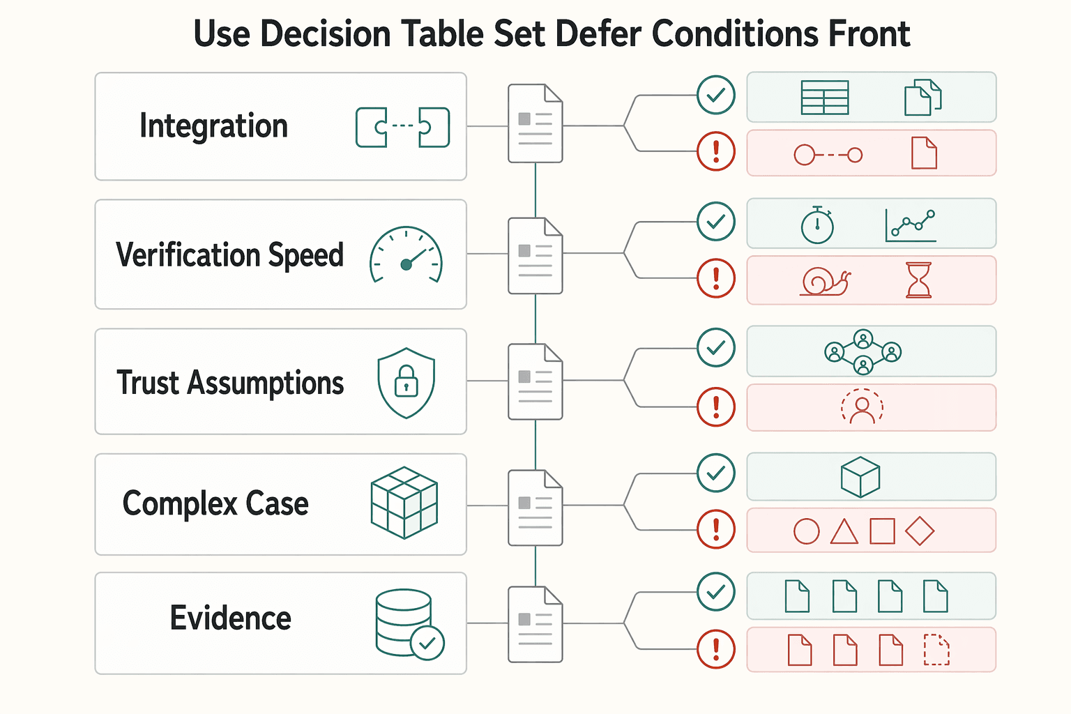 Diagram showing Use a decision table and set defer conditions up front for How Platforms Use Zero-Knowledge Proofs for Privacy-Preserving Payment Verification.