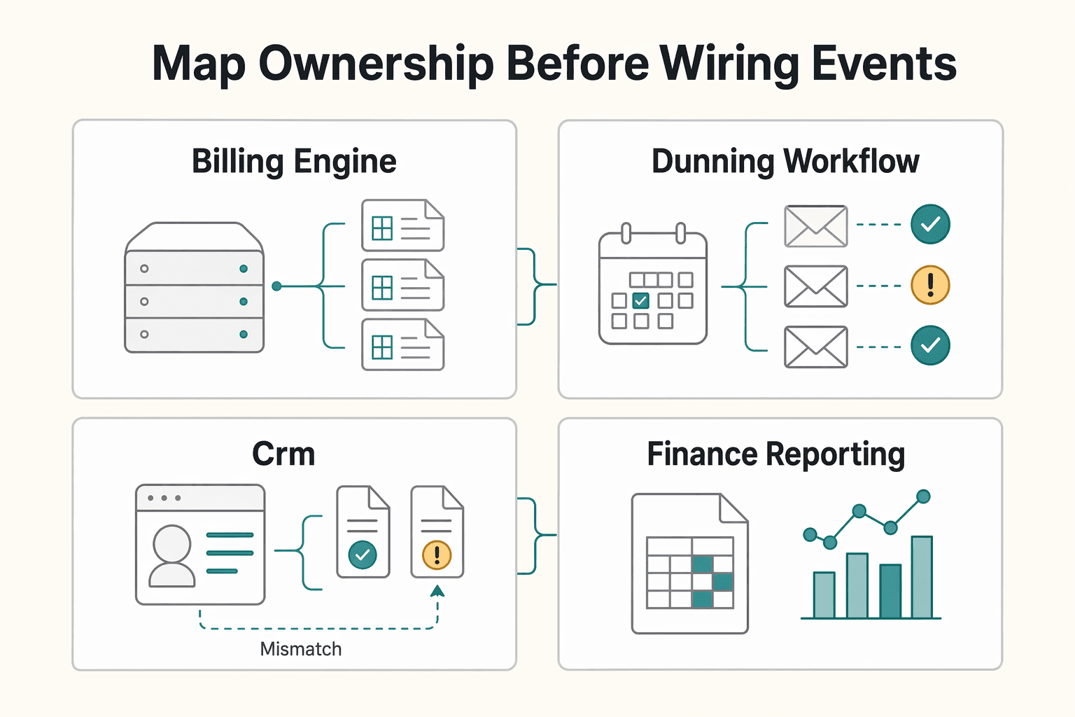 Diagram showing Map ownership before wiring events for 7 Dunning Strategies That Recover Failed Subscription Payments.