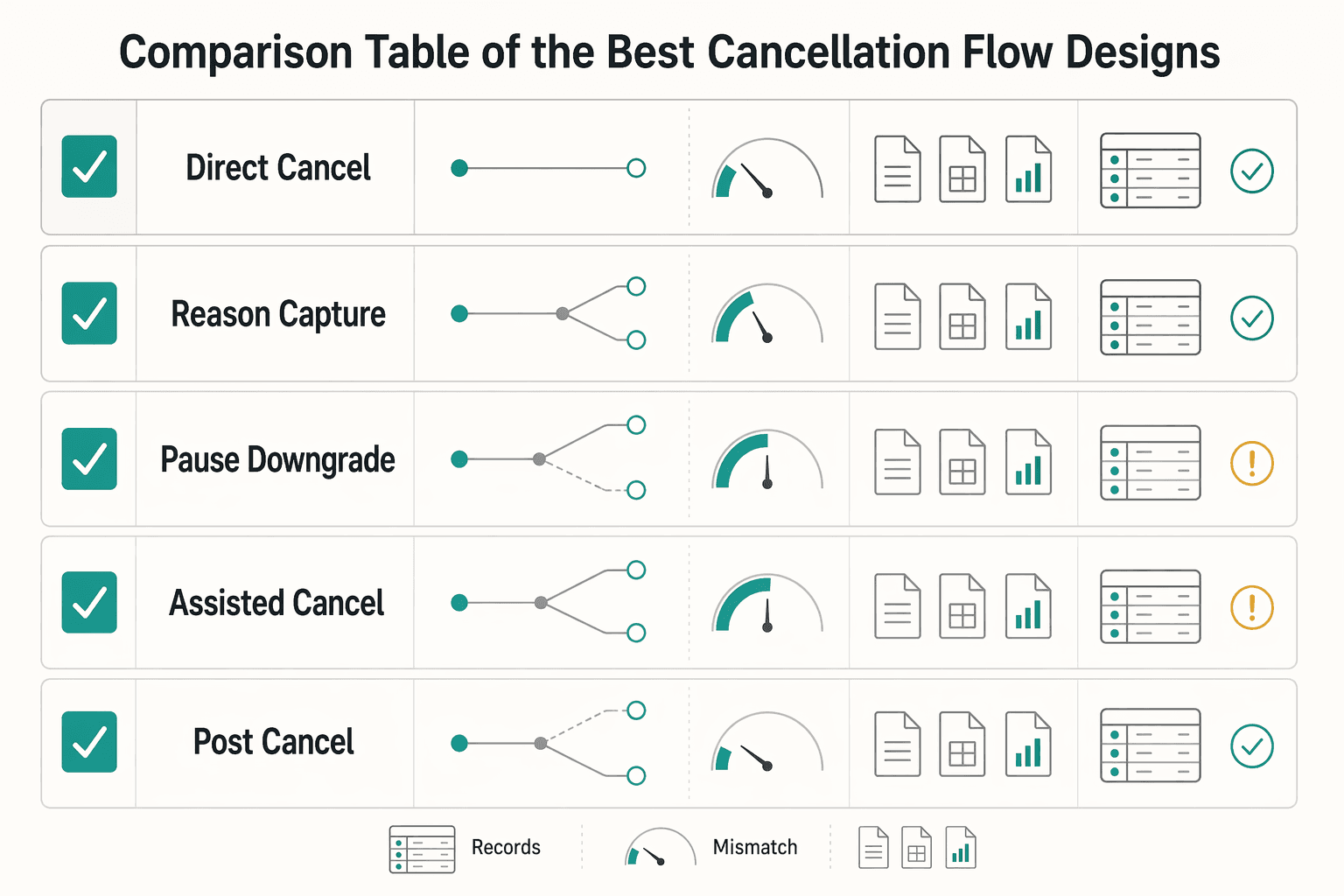 Diagram showing Comparison table of the best cancellation flow designs for Cancellation Flow Design for Subscription Platforms.