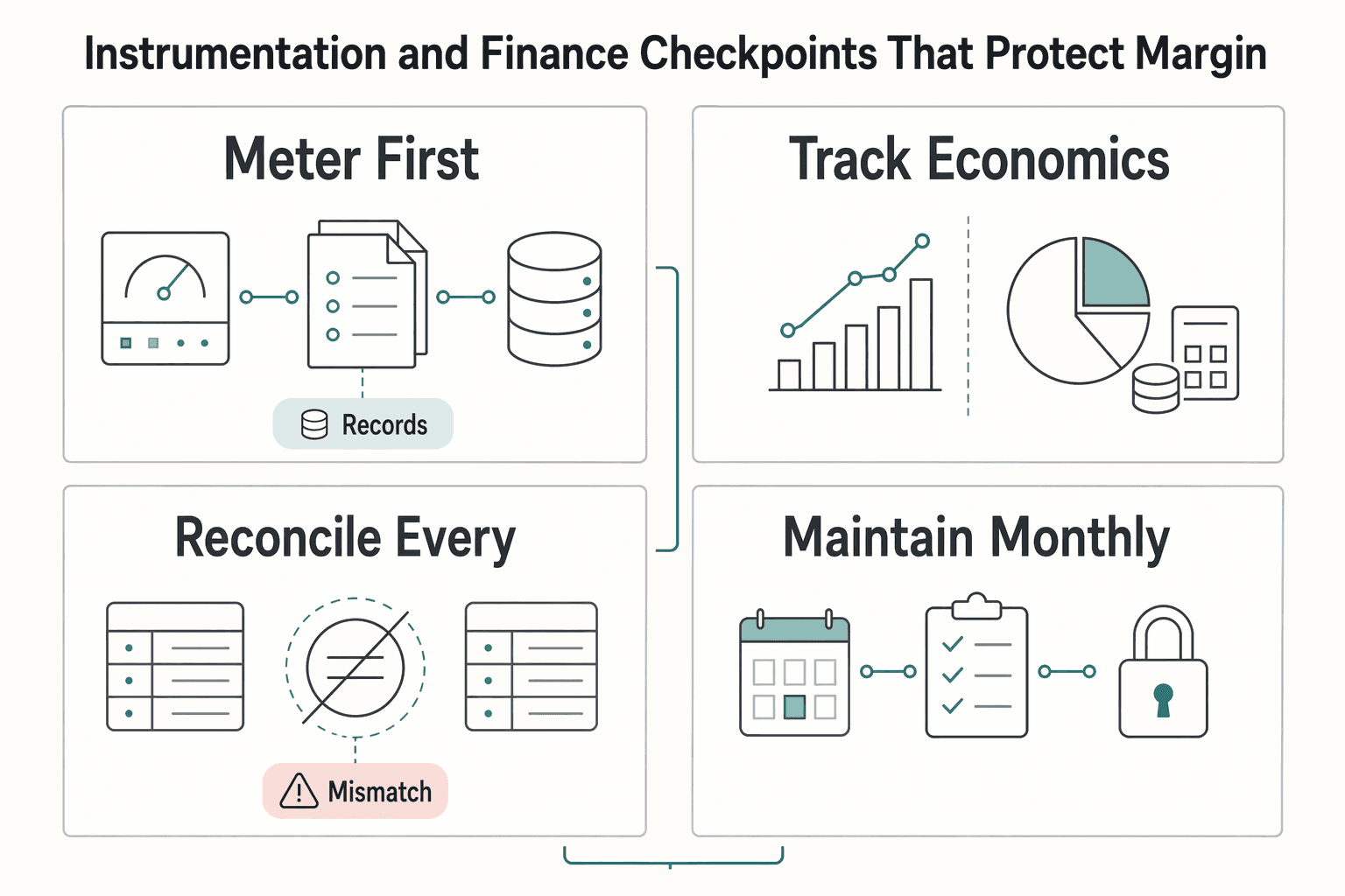 Diagram showing Instrumentation and finance checkpoints that protect margin for How AI Platforms Should Use Credit-Based Billing Models.