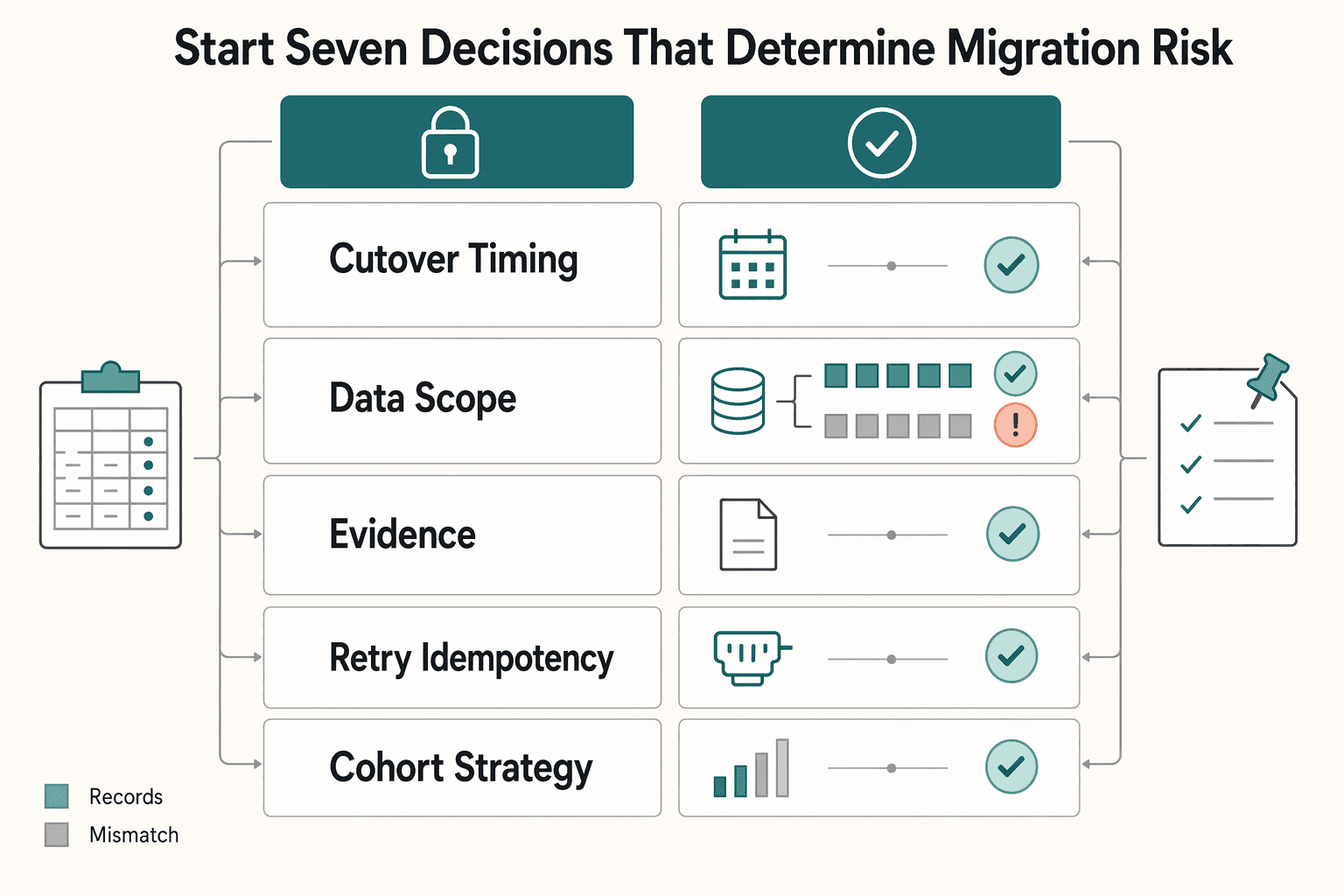 Diagram showing Start with the seven decisions that determine migration risk for How to Migrate Subscribers from a Legacy Billing System Without Downtime.