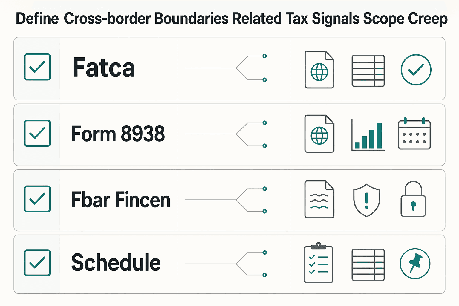 Diagram showing Define cross-border boundaries and related tax signals without scope creep for 1099 Reporting Threshold Checker for Platform Filing Decisions.
