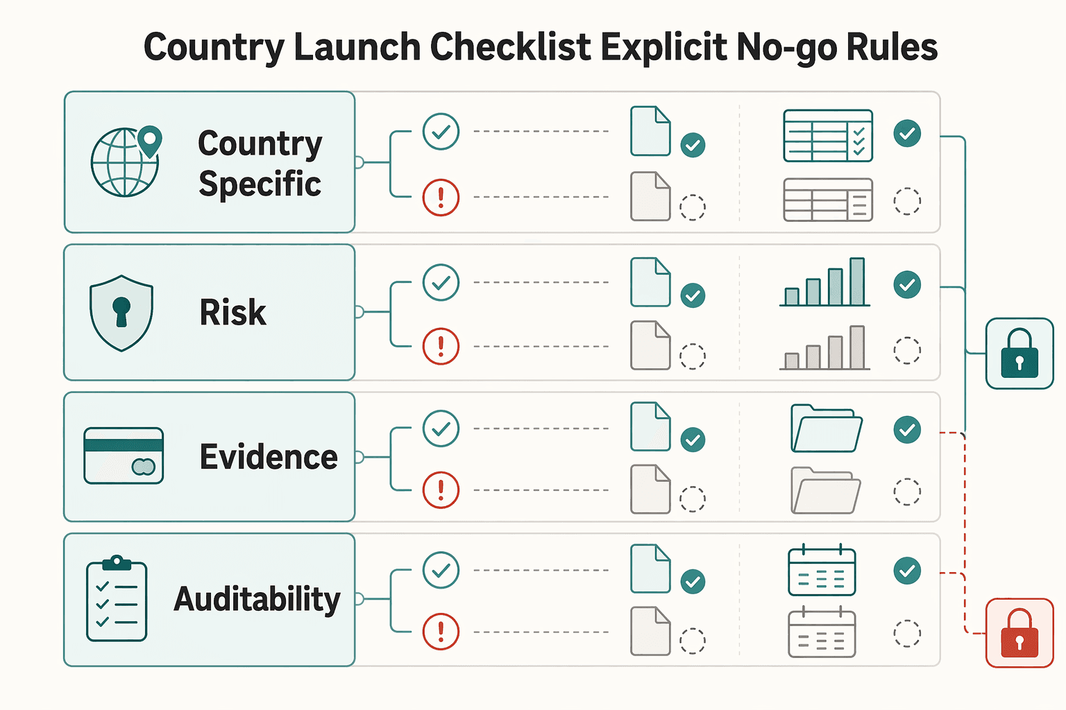 Diagram showing Country launch checklist with explicit go and no-go rules for Payment Method Coverage by Country for Launch-Ready Global Platforms.