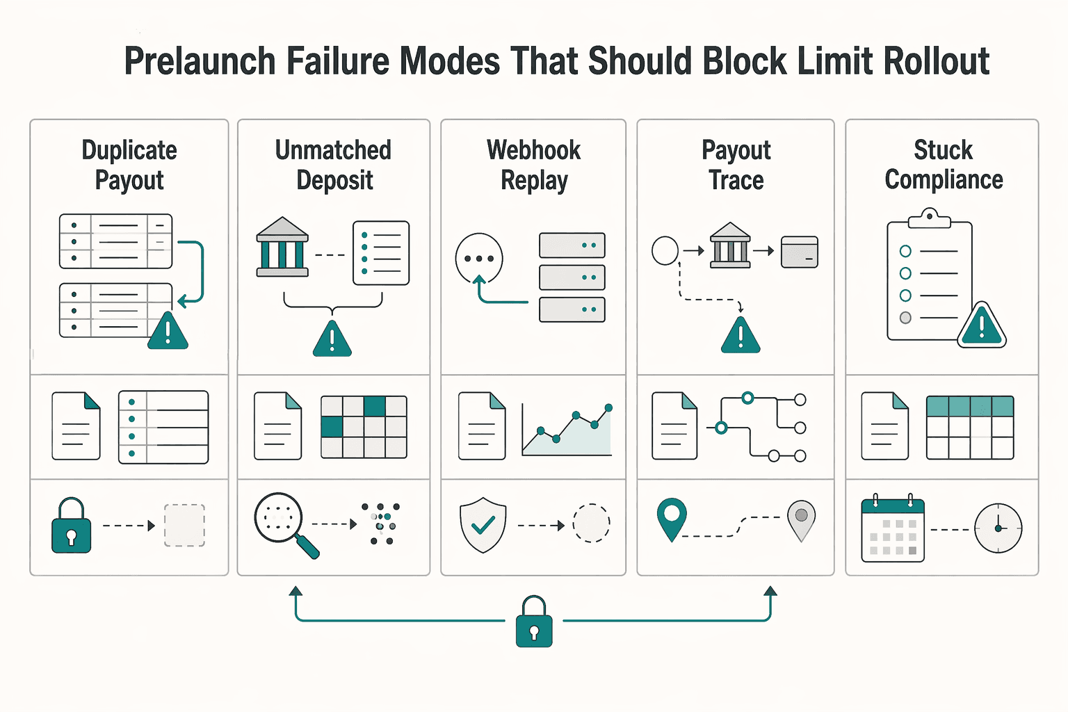 Diagram showing Prelaunch failure modes that should block or limit rollout for Platform Compliance Readiness Scorecard for New Market Launches.