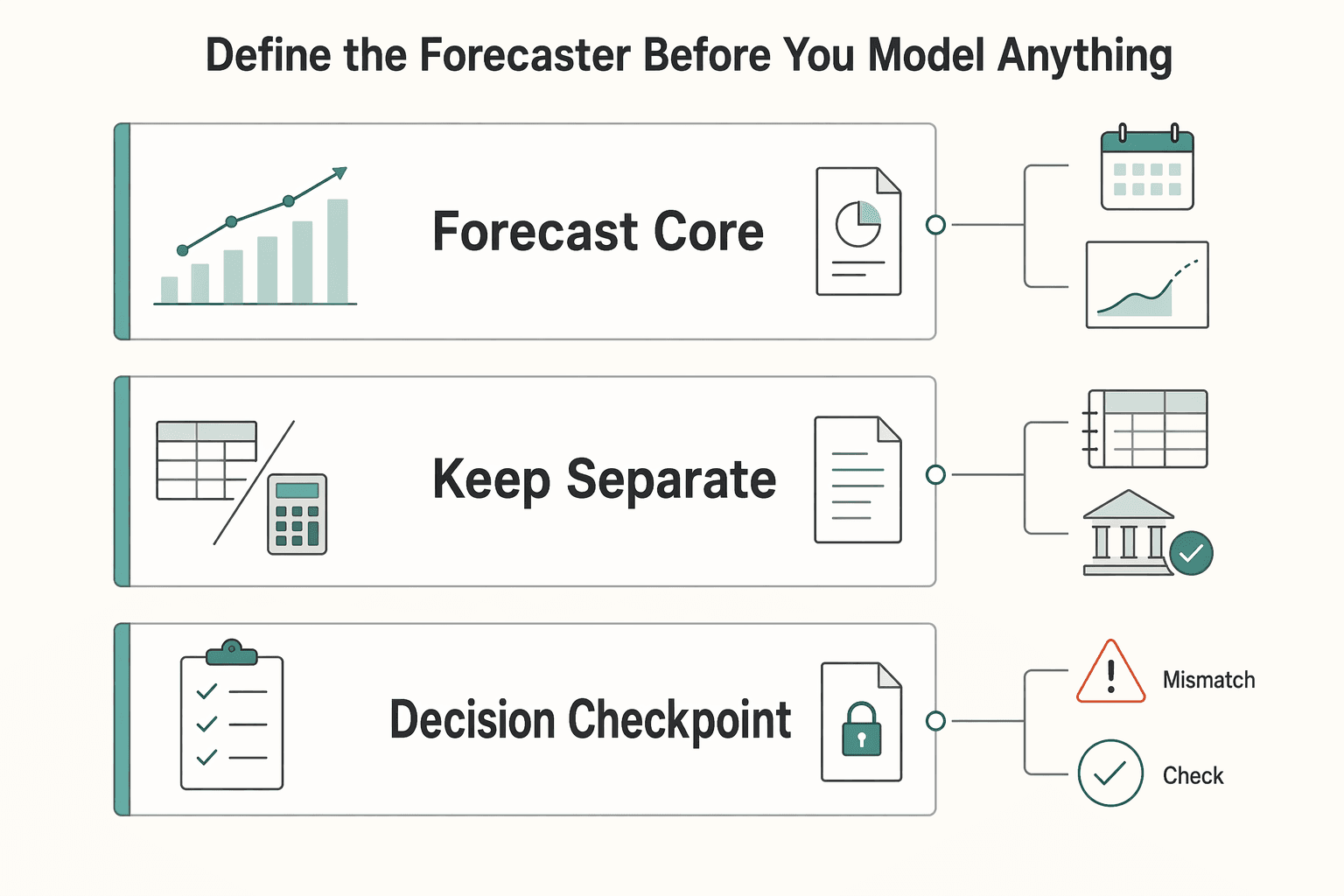 Diagram showing Define the forecaster before you model anything for Subscription Revenue Forecaster for MRR and Churn Scenarios.