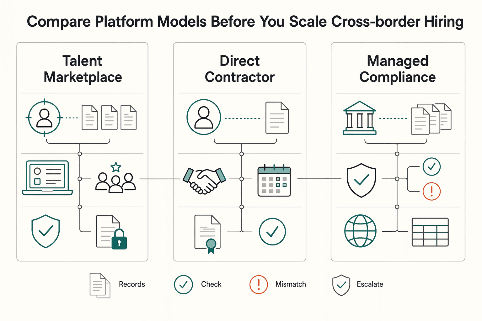 Diagram showing Compare platform models before you scale cross-border hiring for Future of Freelance Work in 2026 for Cross-Border Hiring Decisions.