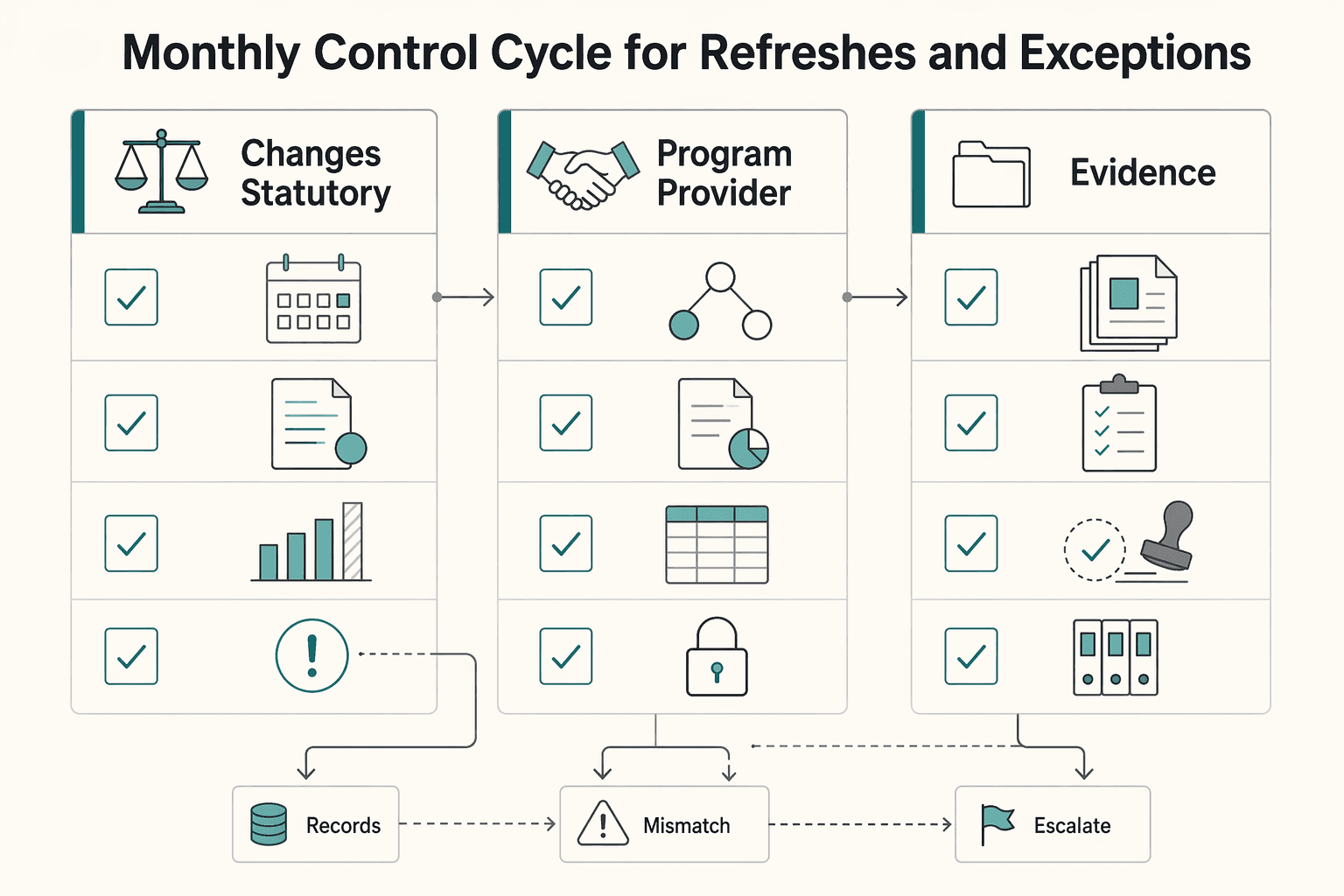 Diagram showing Monthly control cycle for refreshes and exceptions for Employee Cost by Country Calculator for Total Burden Across 40+ Markets.