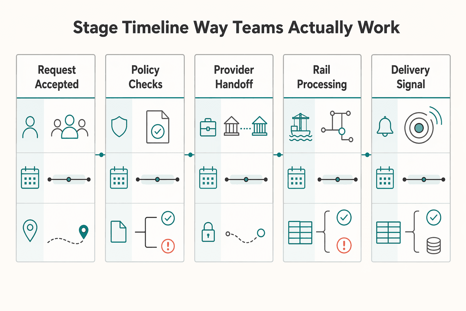 Diagram showing Stage the timeline the way your teams actually work for Cross-Border Payout Timeline Estimator for Rails, Compliance, and Reconciliation.