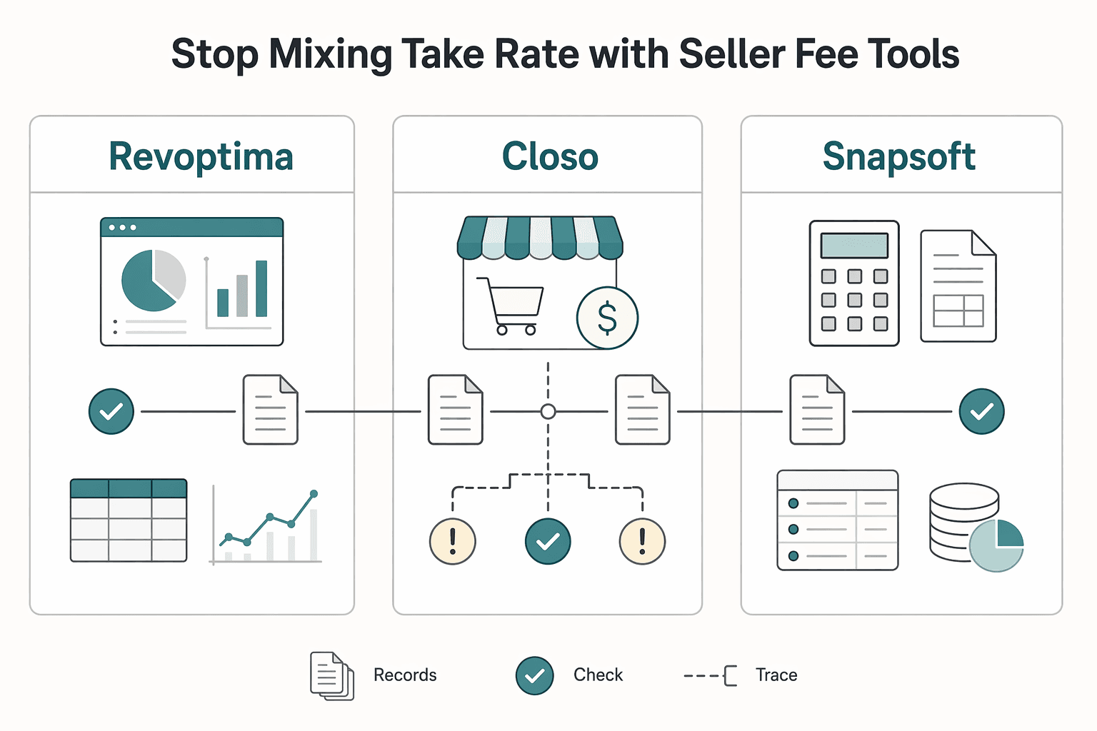 Diagram showing Stop mixing take rate with seller fee tools for Platform Revenue Split Calculator for Modeling Marketplace Take Rates.