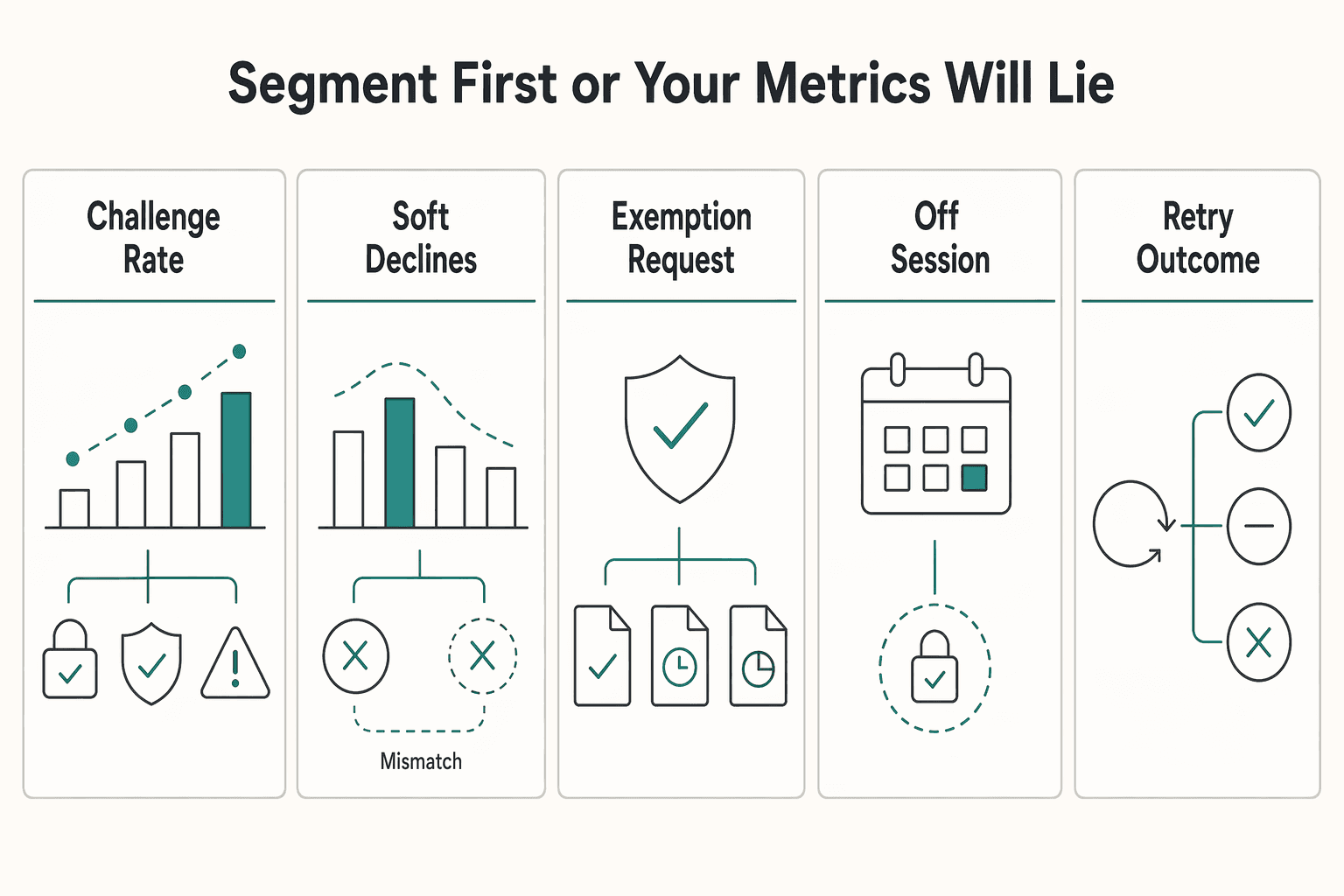 Diagram showing Segment first or your metrics will lie for Strong Customer Authentication (SCA) for Subscription Platforms: Reducing Decline Rates.