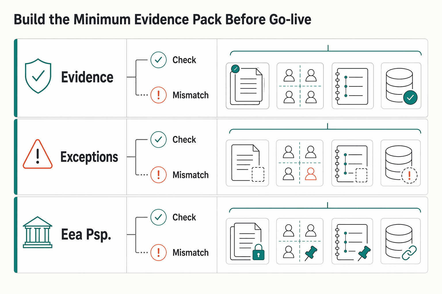 Diagram showing Build the minimum evidence pack before go-live for Italy Payment Platform Compliance in 2026: POS-to-RT Linkage, Fatture e Corrispettivi, and Banca d'Italia Scope.