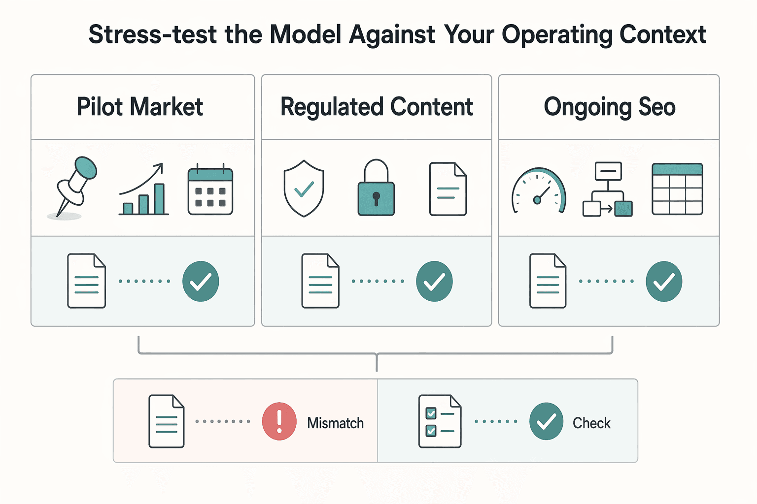 Diagram showing Stress-test the model against your operating context for What to Pay Freelance Content Writers Across Markets.